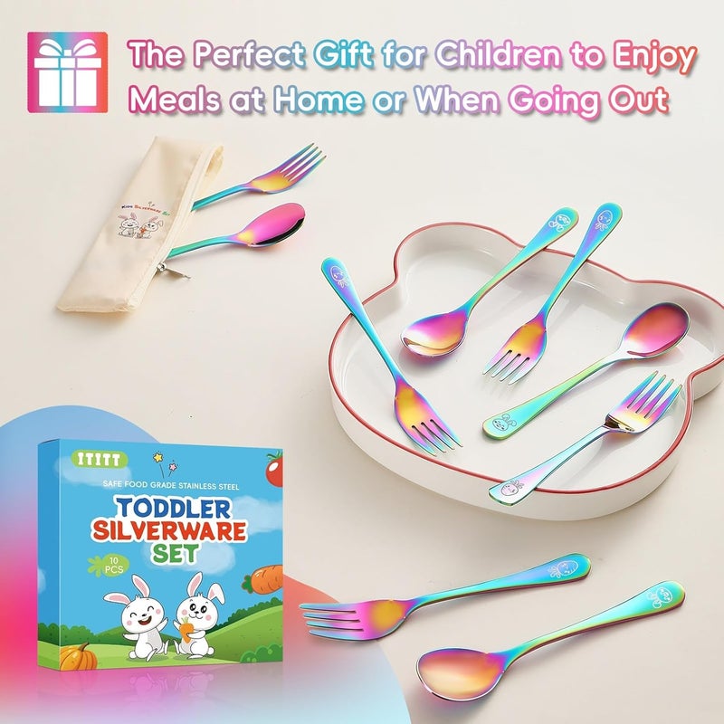 ITITT 10 Pieces Stainless Steel Rainbow Toddler Utensils Set - Food Grade Kids Silverware Set Children Safe Small Forks and Spoons Mirror Polished Sturdy and Durable Dishwasher Safe - Image 5
